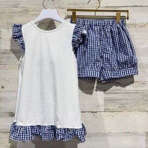Classic Whimsy Tunic Short Set Girls 10 Blue Gingham Ruffle Bow Preppy EUC